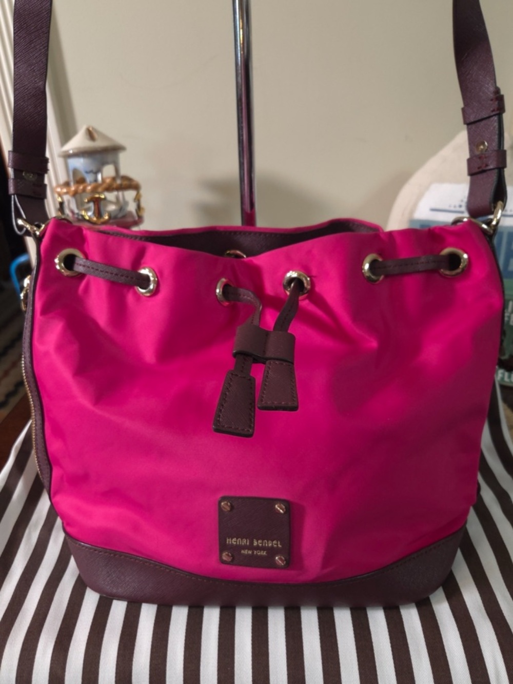 henri bendel Pink and Brown Crossbody Drawstring Bag